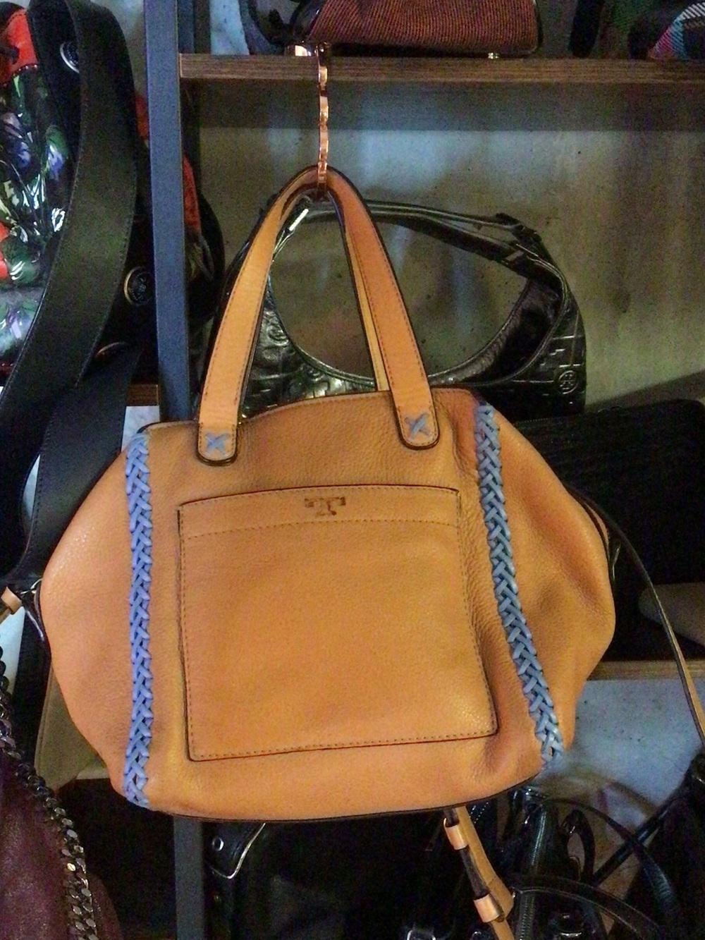 Tory Burch Tan Leather Shoulder Bag with Blue Braid Trim & dust bag